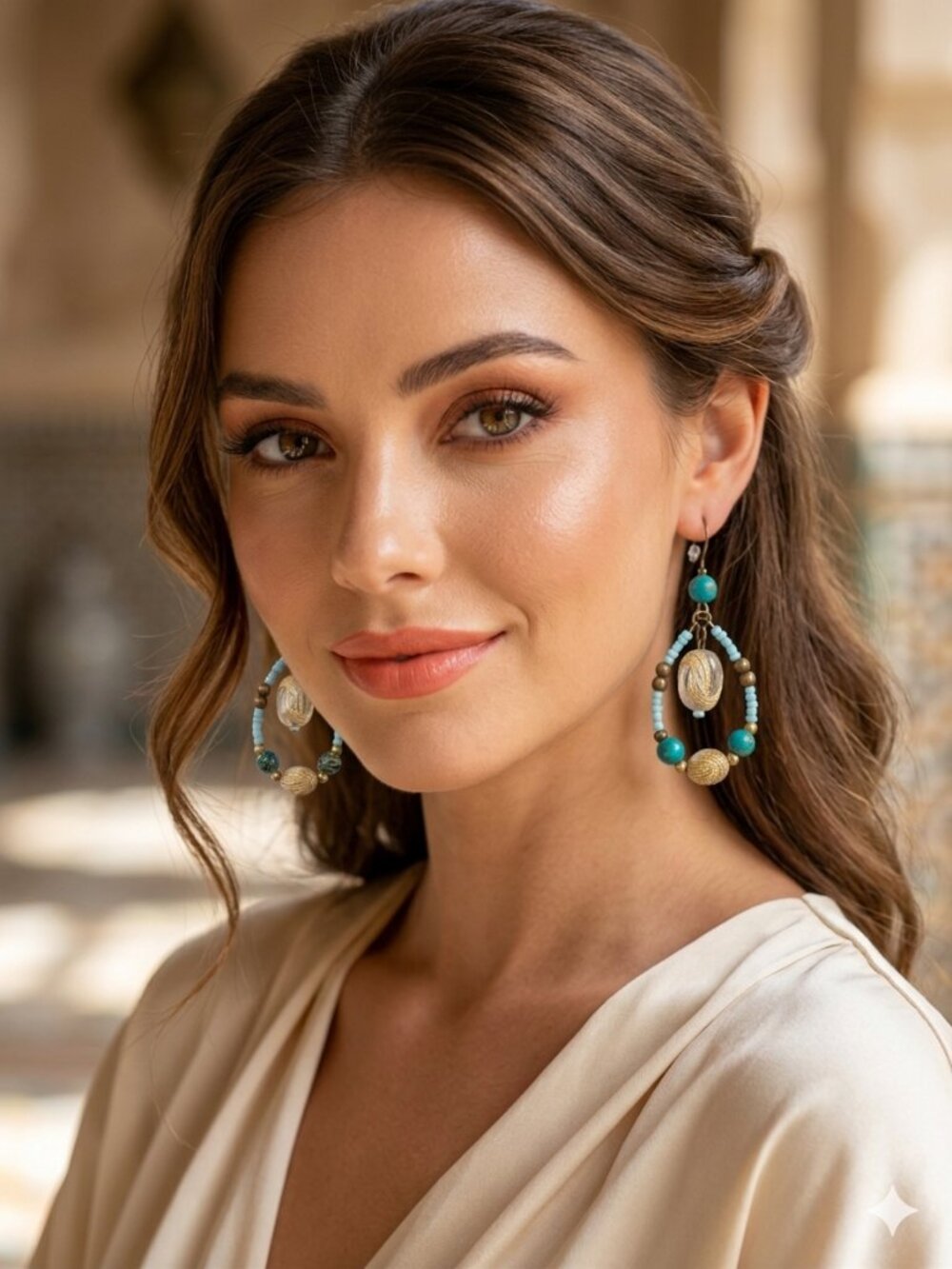 Teal & Antique Gold Filigree Hoop Earrings - Picture 5 of 6
